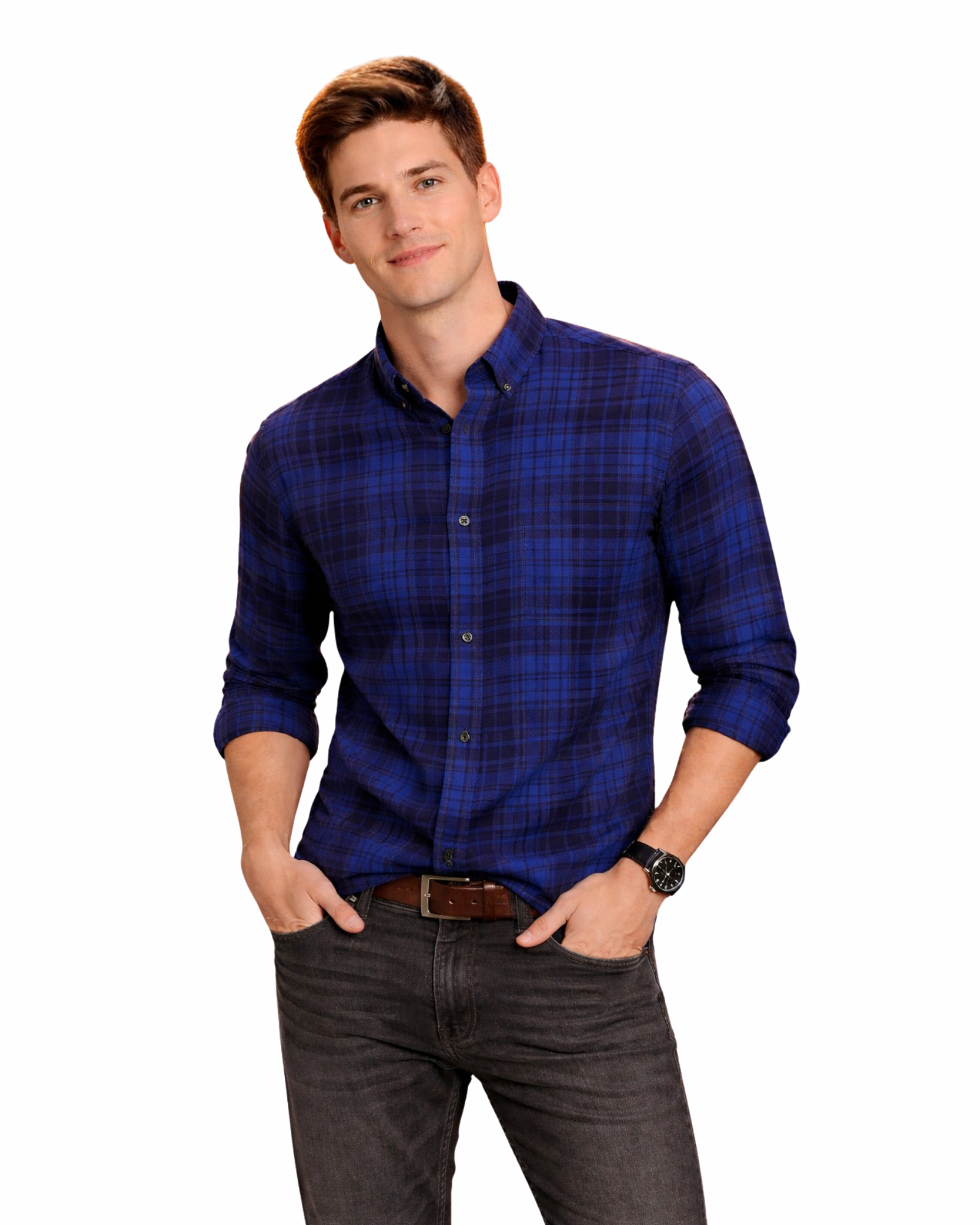 Man wearing a blue plaid shirt and dark jeans on a white background