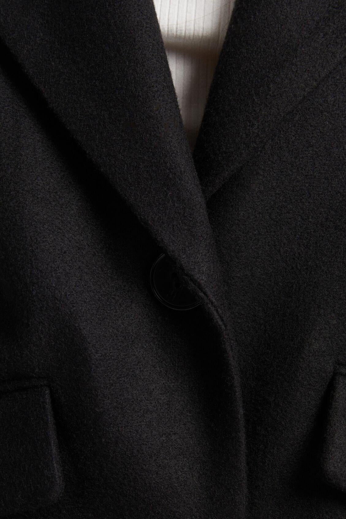 Close-up of a black coat with a button detail