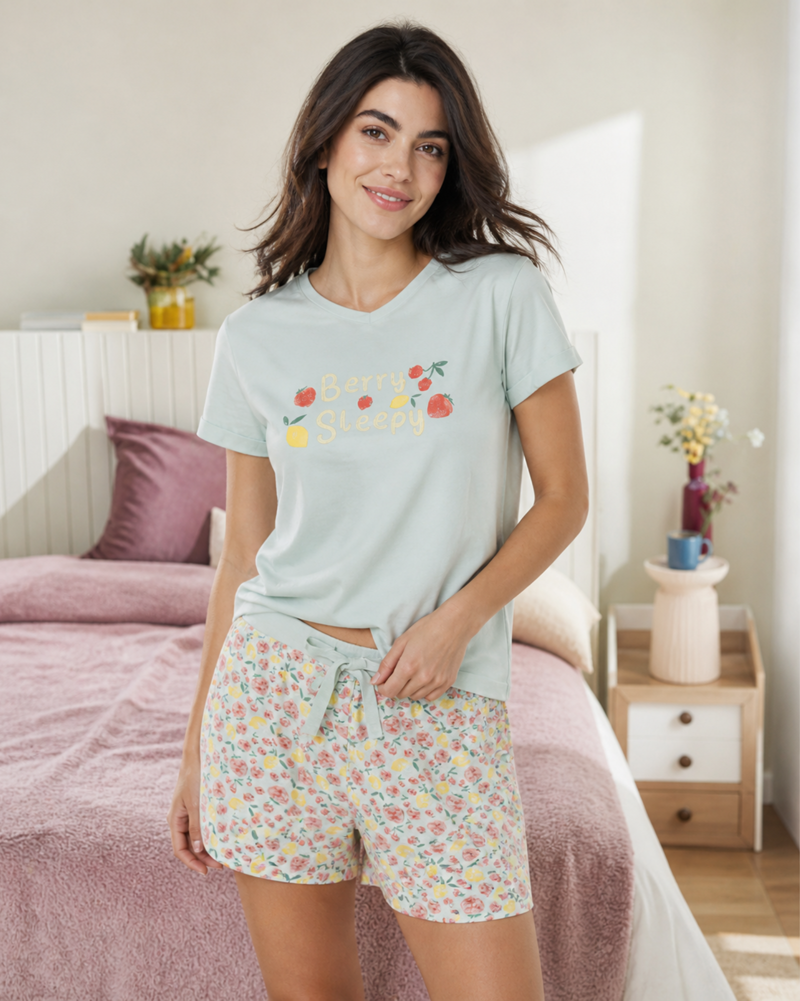 Woman wearing a light blue t-shirt with floral design and floral shorts in a bedroom.