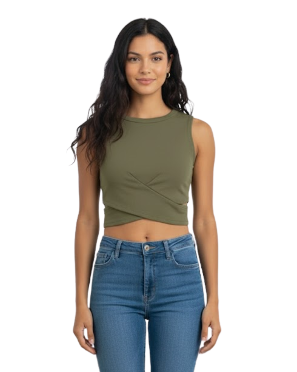 a young women wearing an olive green color top with a high waist jeans 
