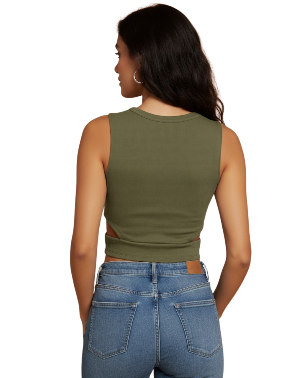 a young women wearing an olive green color top with a high waist jeans 