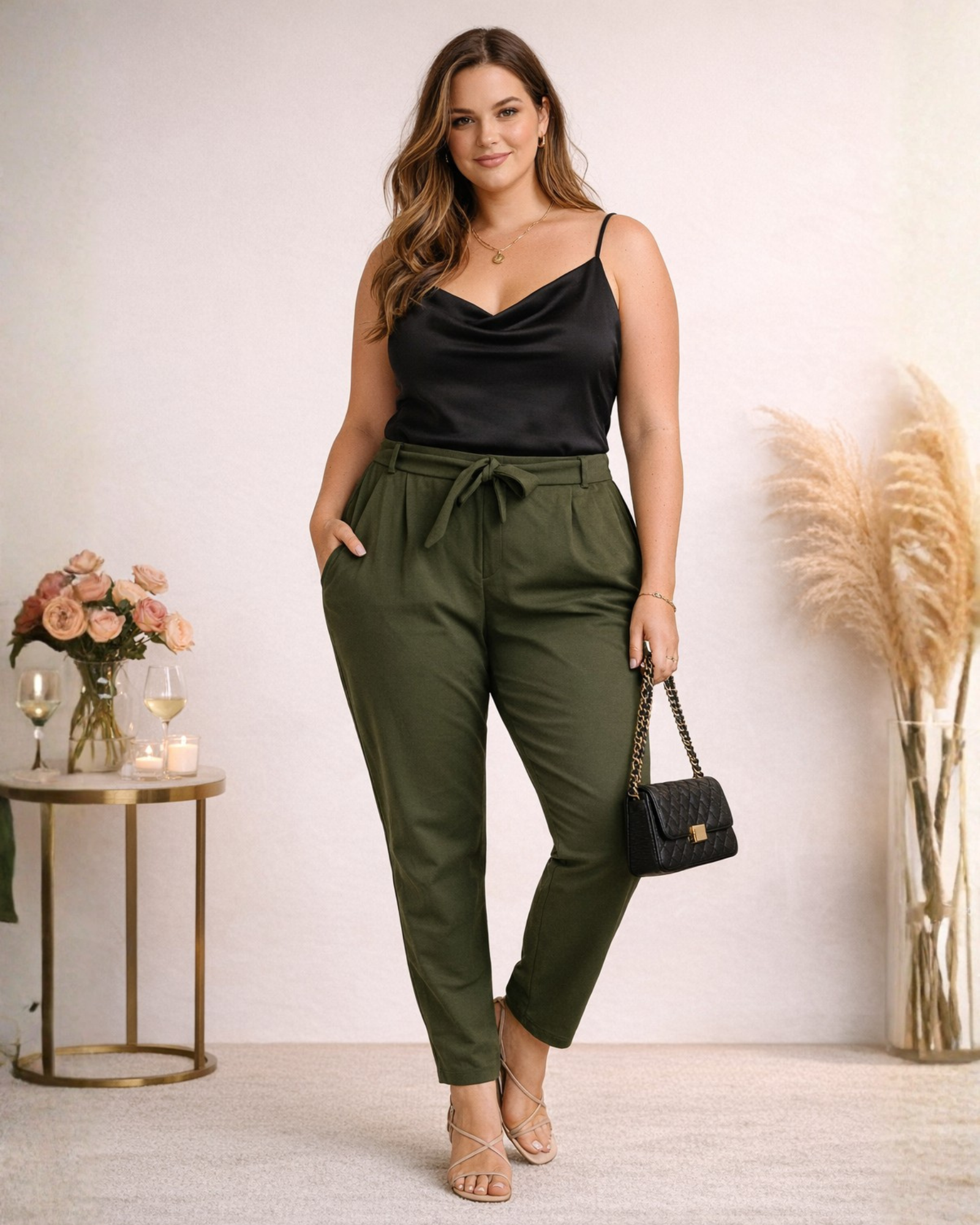 Woman wearing a black top and green jumpsuit with a white background