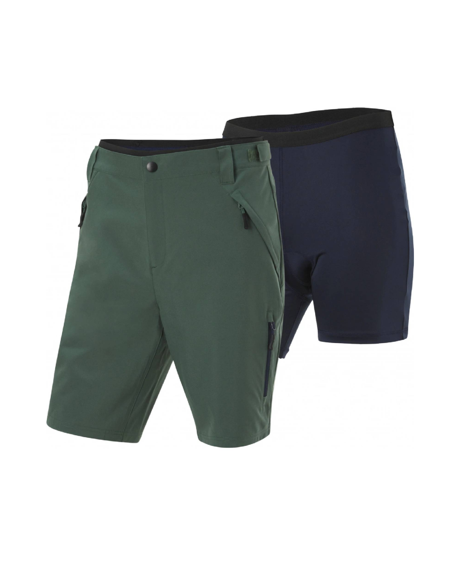 Green and navy shorts on a white background