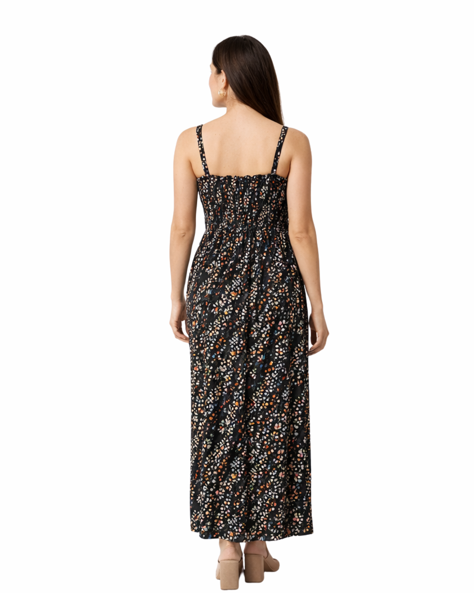 Woman wearing a floral dress on a white background