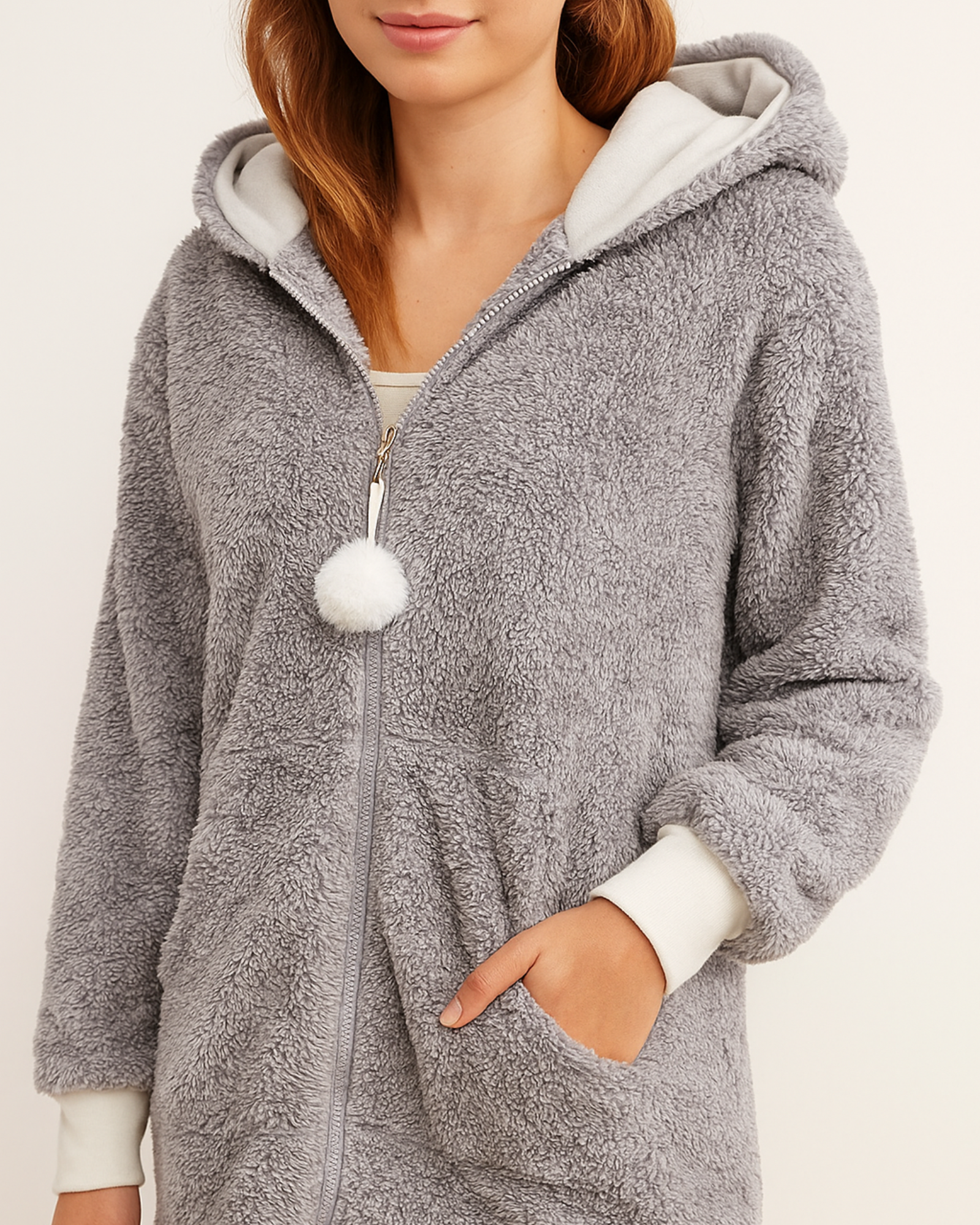 Person wearing a gray fleece onesie with a white fluffy pom-pom on a light background