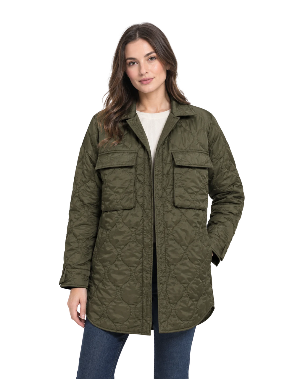 STRADIVARIUS - Women's Oversized Wave-Quilted Open-Front Shacket – Khaki Green