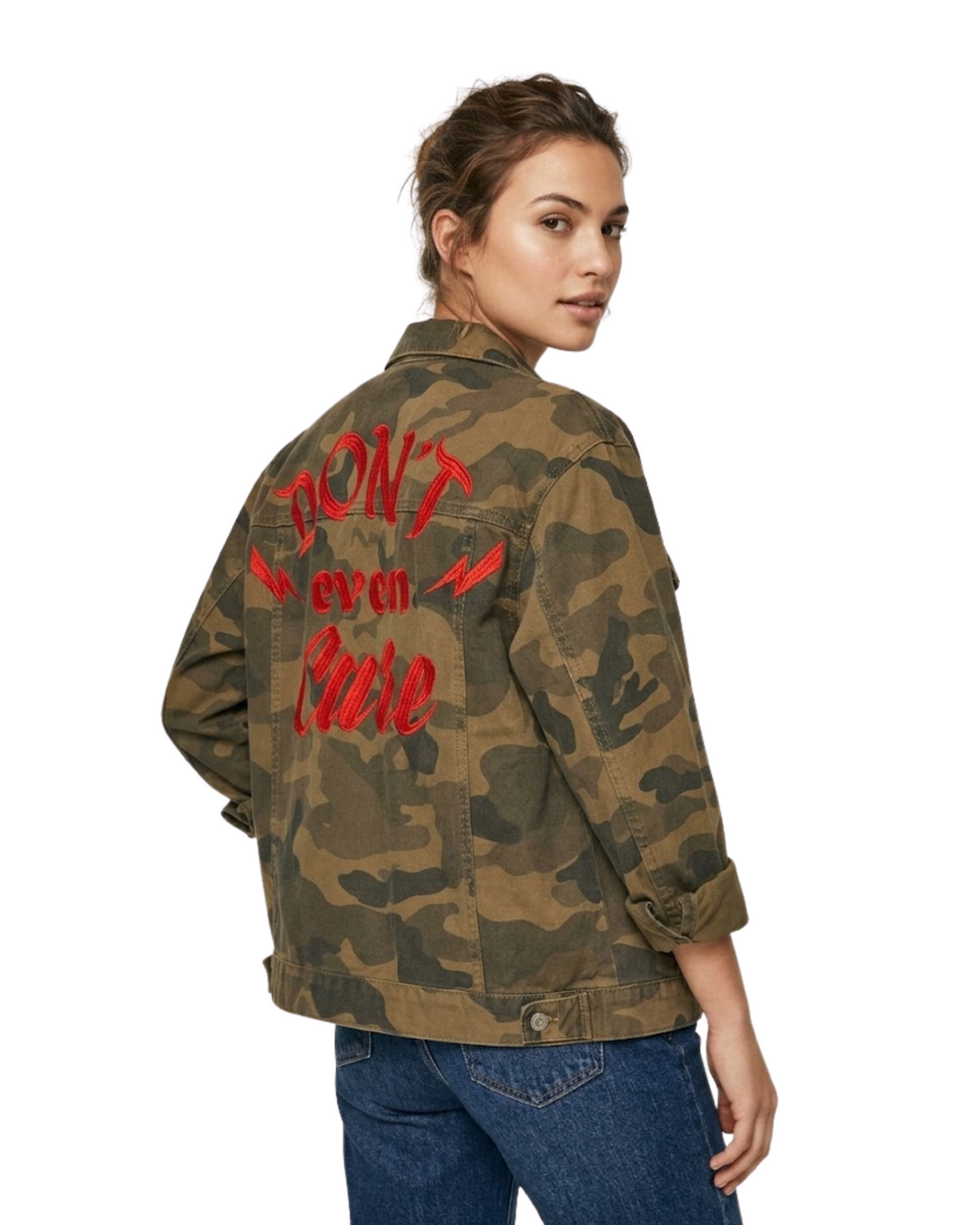 BERSHKA - 100% Cotton Camouflage Embroidered "Don't Even Care" Trucker Jacket