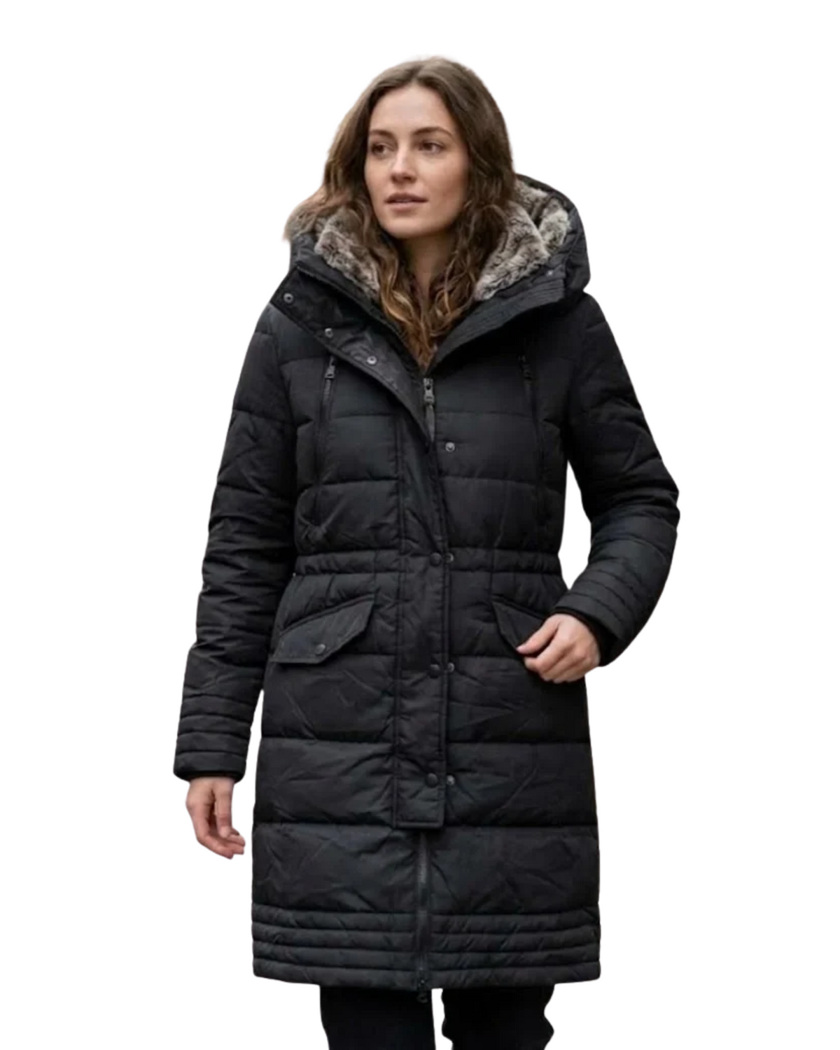 Q/S - Women’s Cinched-Waist Quilted Winter Parka with Faux-Fur Hood