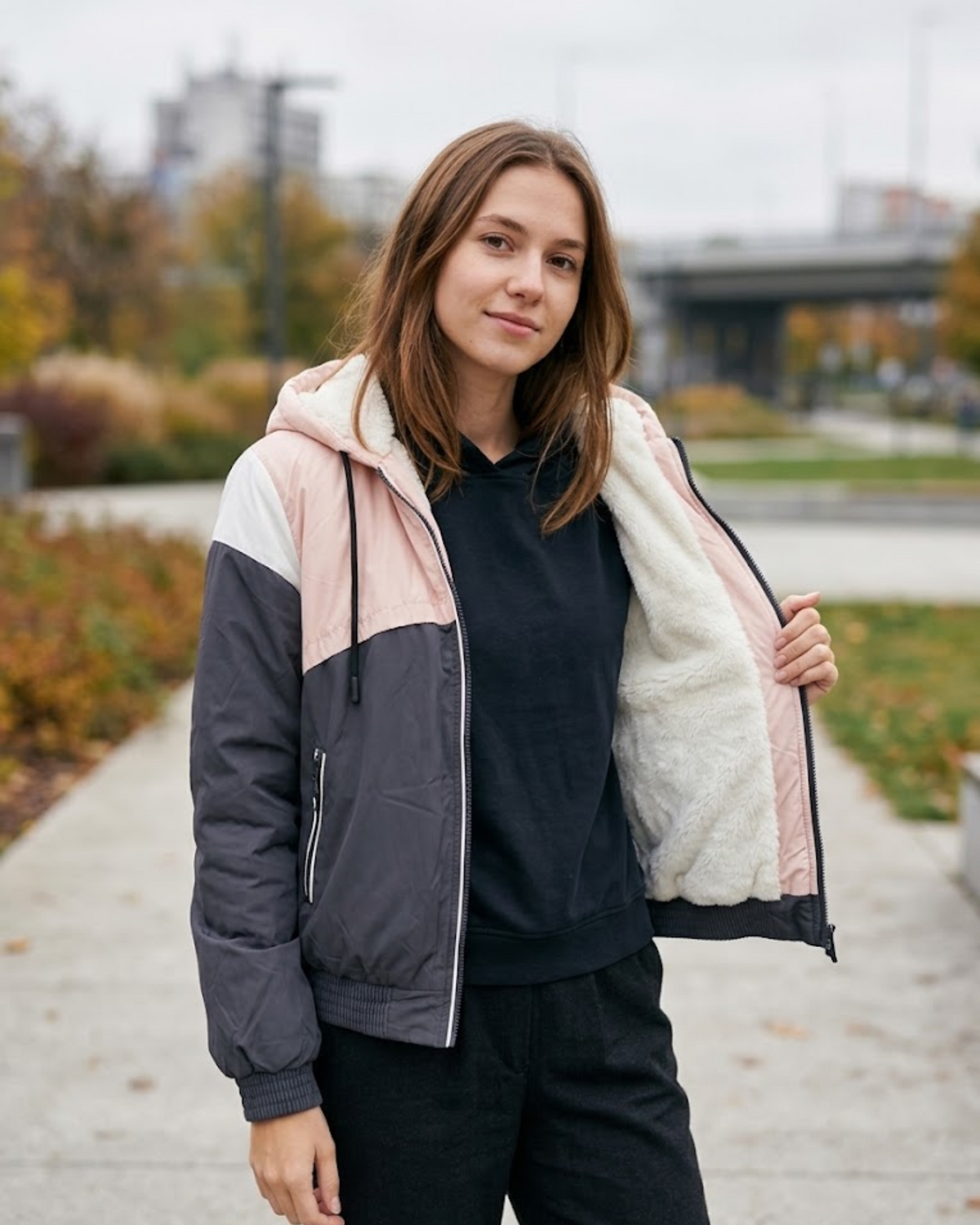 TALLY WEIJL - Colorblock Fleece-Lined Hooded Bomber Jacket