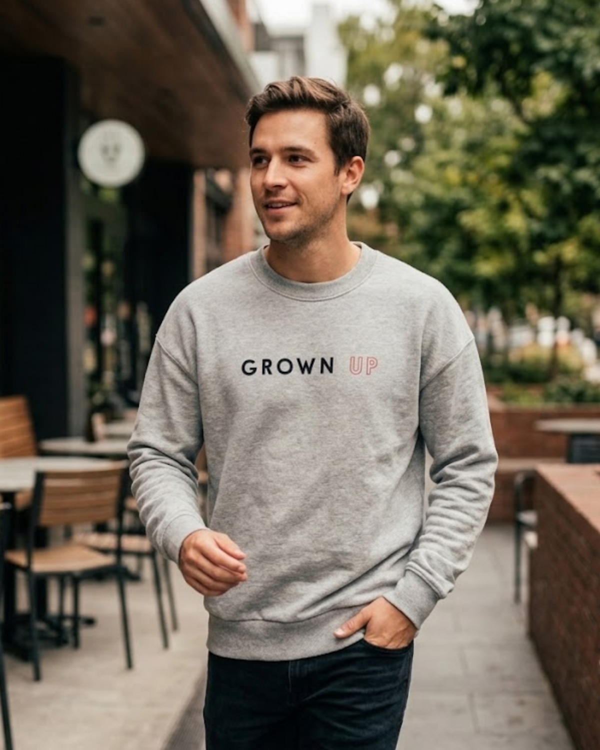 PULL&BEAR - Grey "GROWN UP" Graphic Fleece Sweatshirt