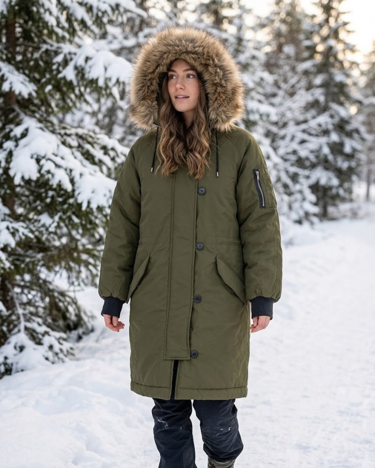 H&M - Olive Green Winter Parka with Quilted Interior & Fur-Trimmed Hood