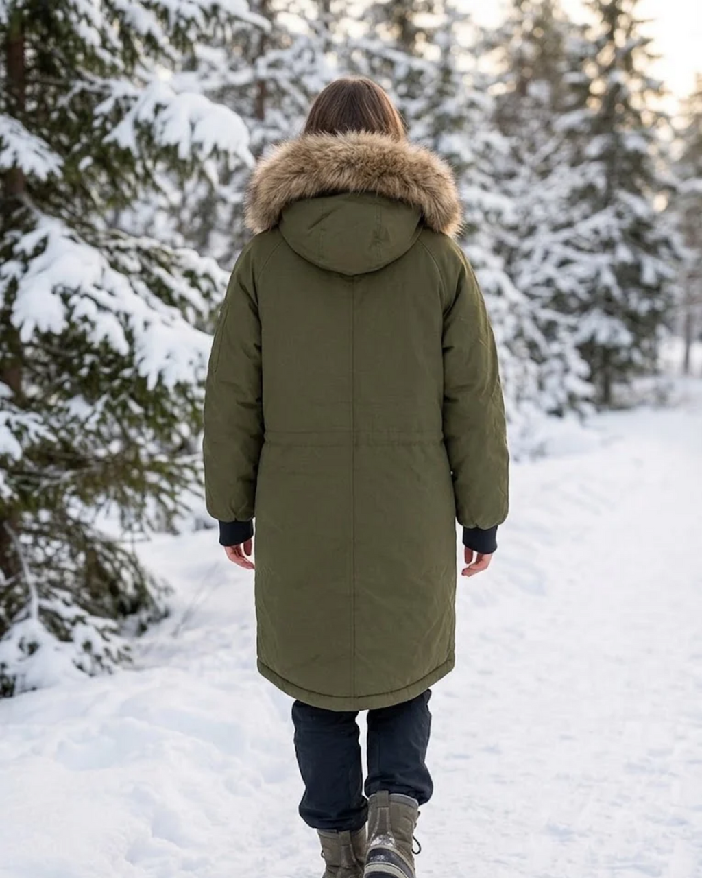 H&M - Olive Green Winter Parka with Quilted Interior & Fur-Trimmed Hood