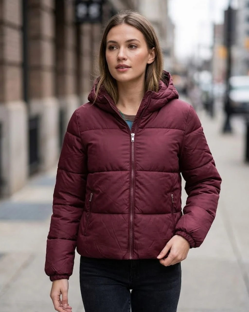 ONE BY GEMO - Deep Wine Cropped-Length Hooded Padded Winter Jacket