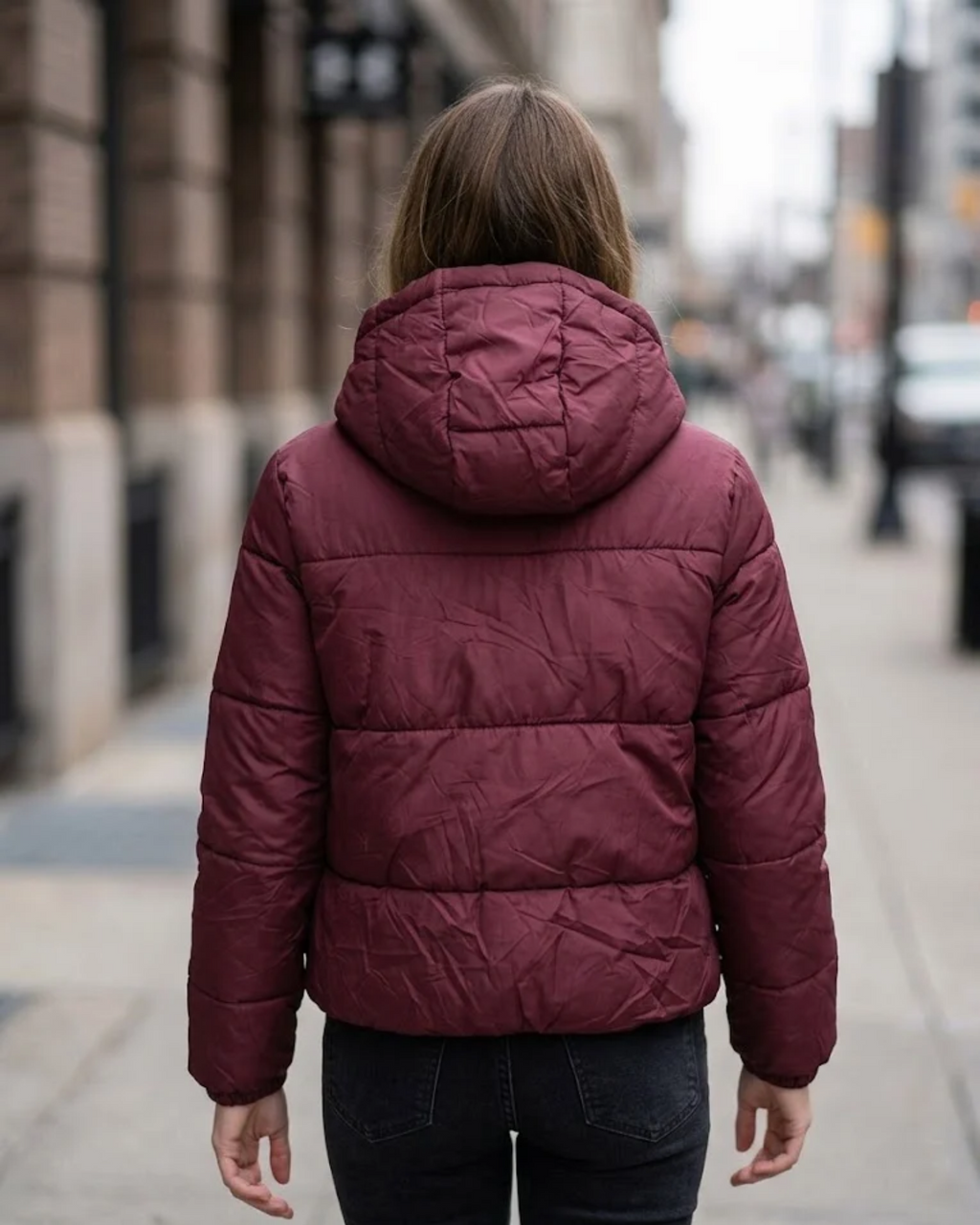 ONE BY GEMO - Deep Wine Cropped-Length Hooded Padded Winter Jacket