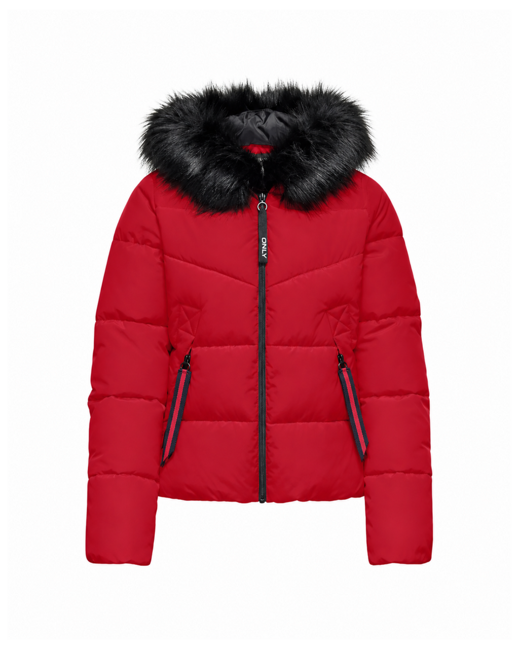 ONLY - Women's Red Puffer Jacket with Faux-Fur Hood