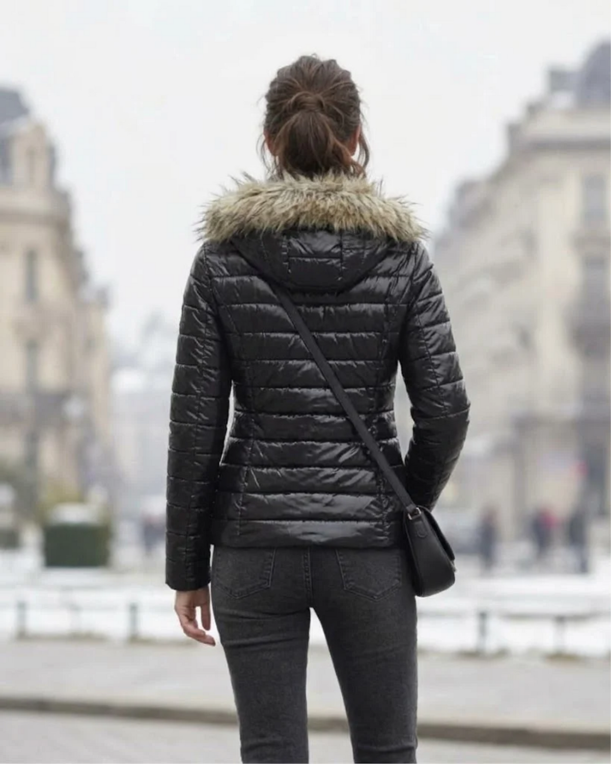 GEMO - Women’s Glossy Quilted Puffer Jacket with Faux-Fur Hood Trim