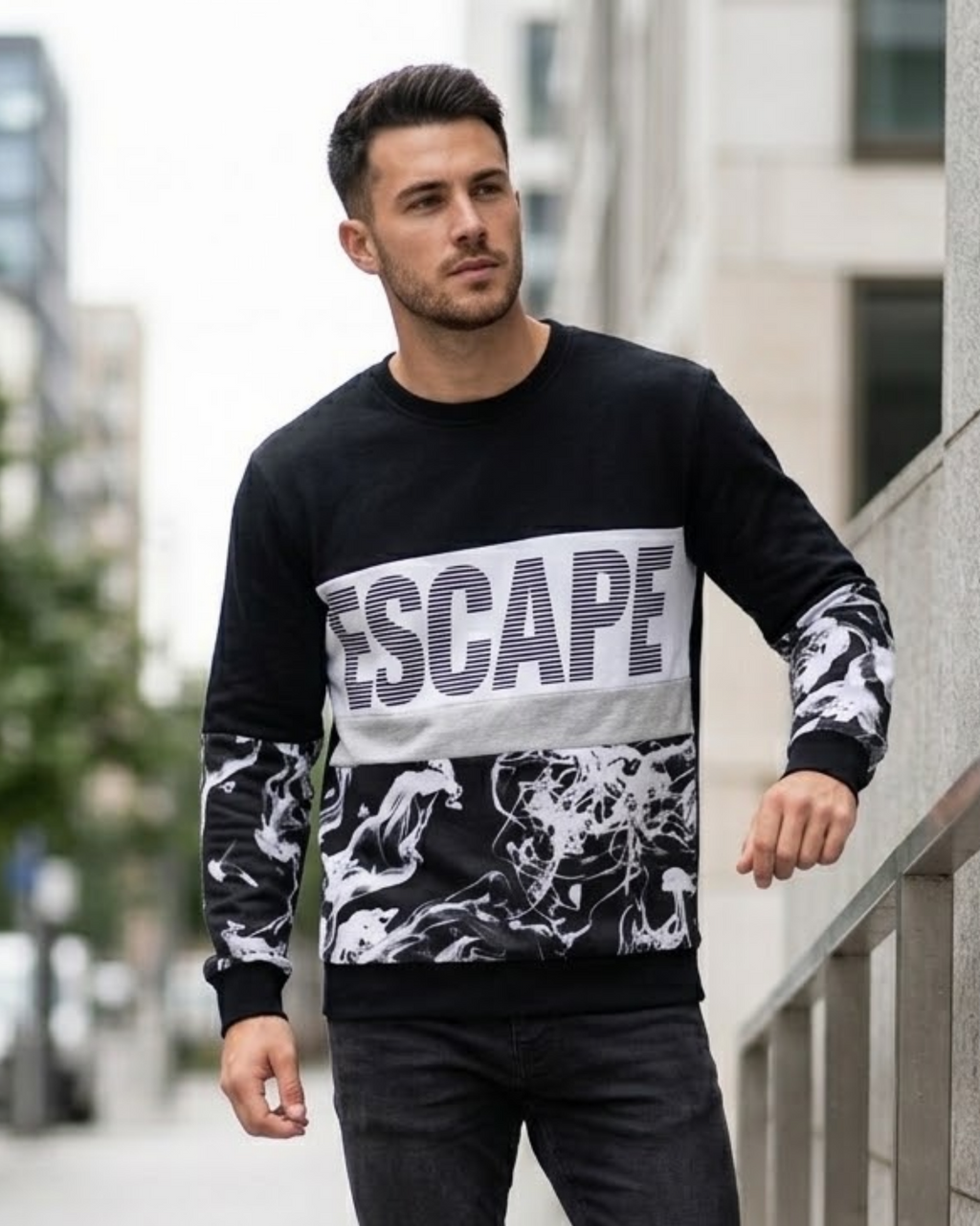 BERSHKA - Men’s Colorblock Graphic Sweatshirt – Black & White "ESCAPE" Print