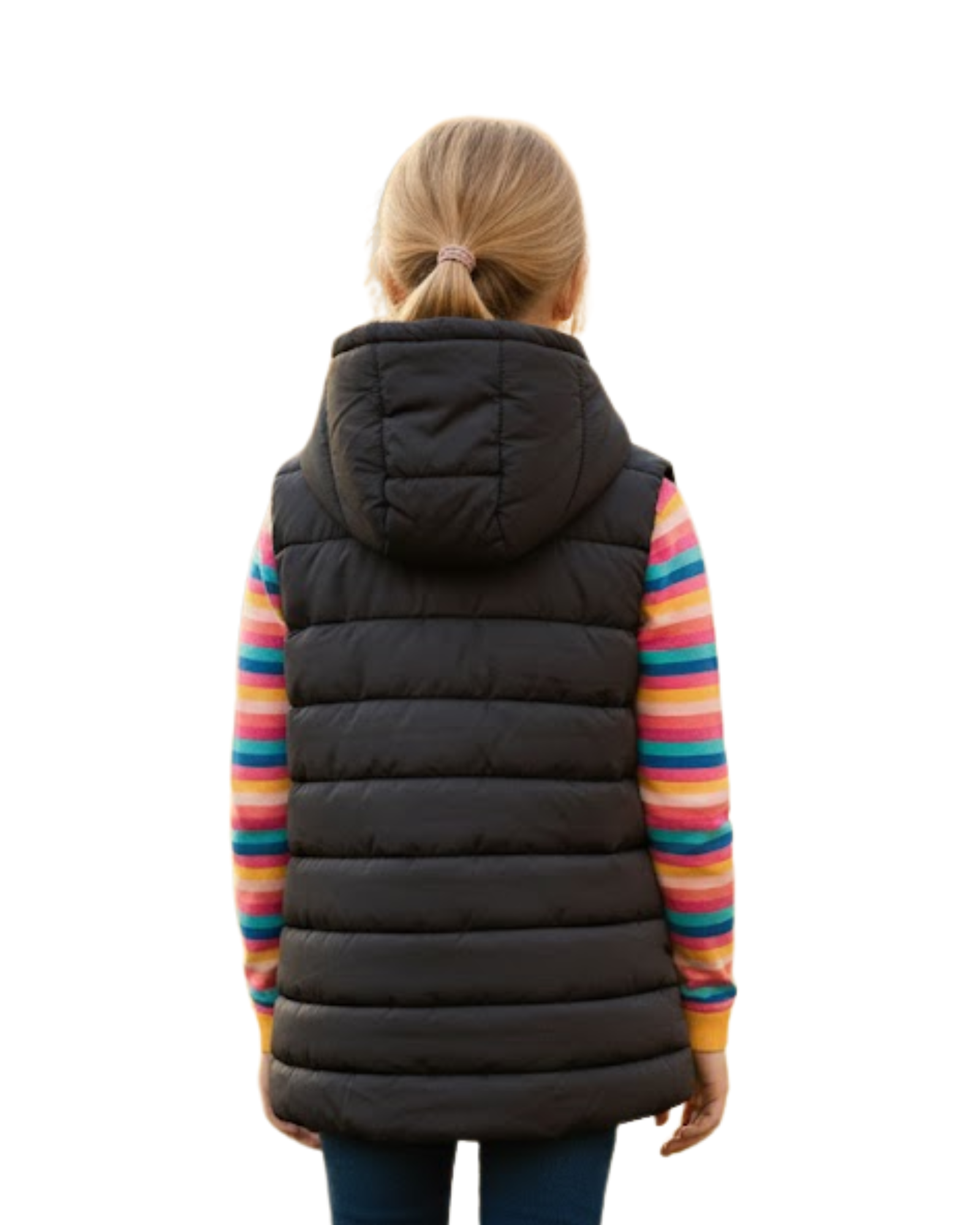 Person wearing a black puffer vest over a colorful striped shirt on a white background