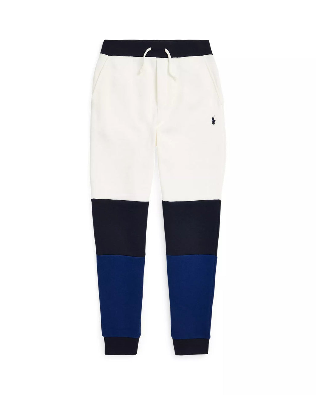 White and navy jogger pants with a small logo on a white background