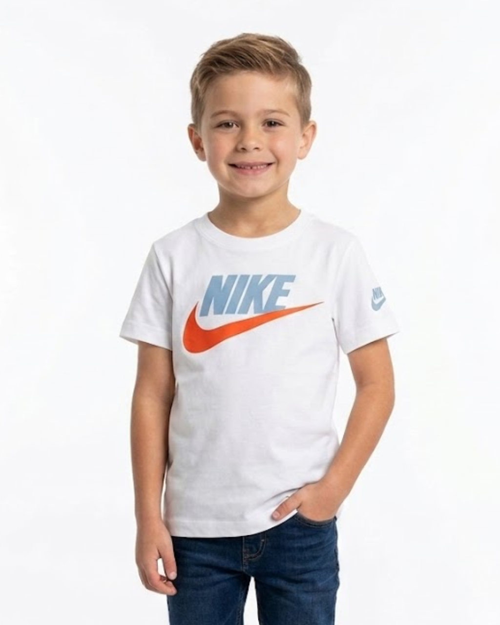 Child wearing a white Nike t-shirt with blue and orange logo on a white background