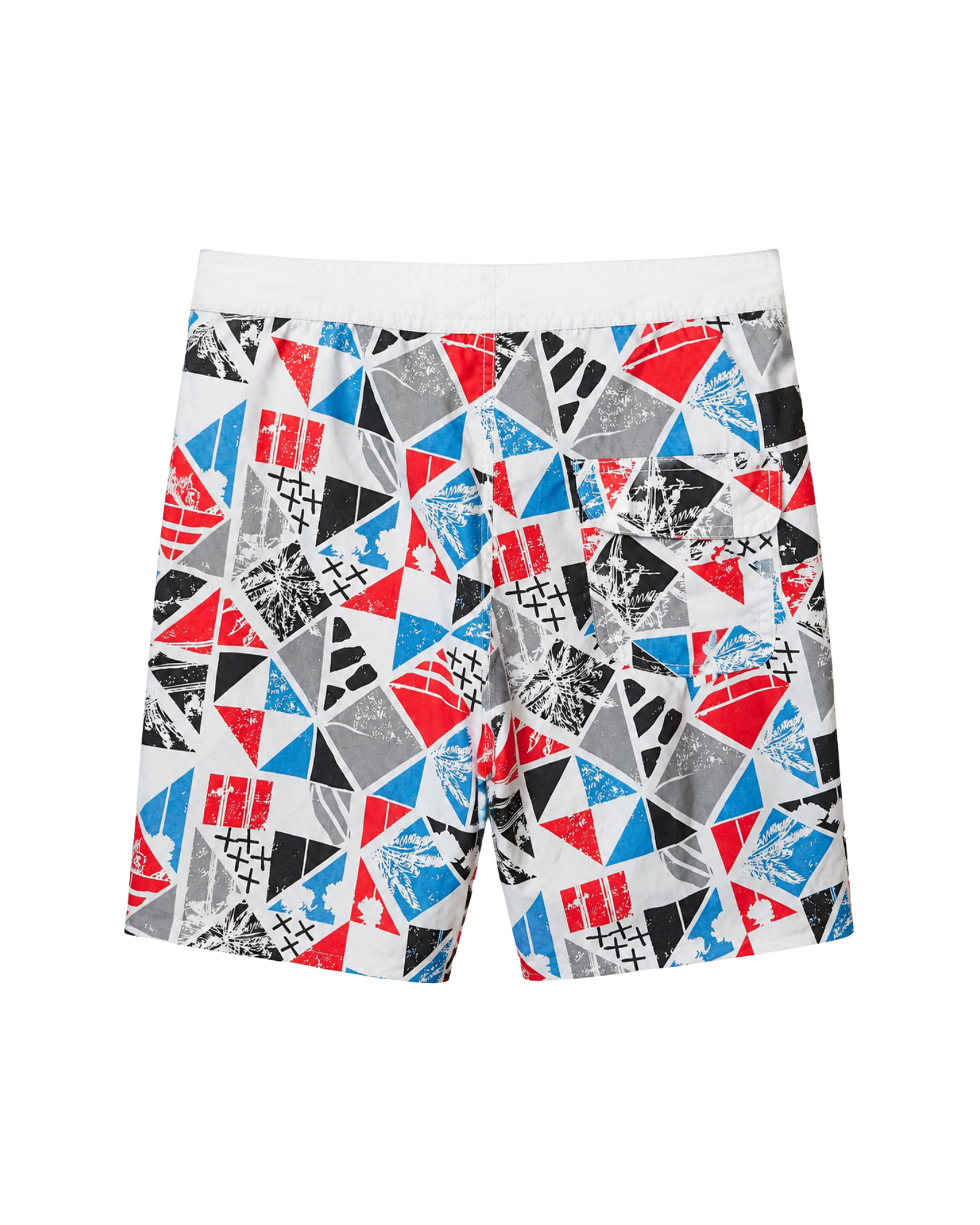 Colorful geometric patterned shorts on a white background