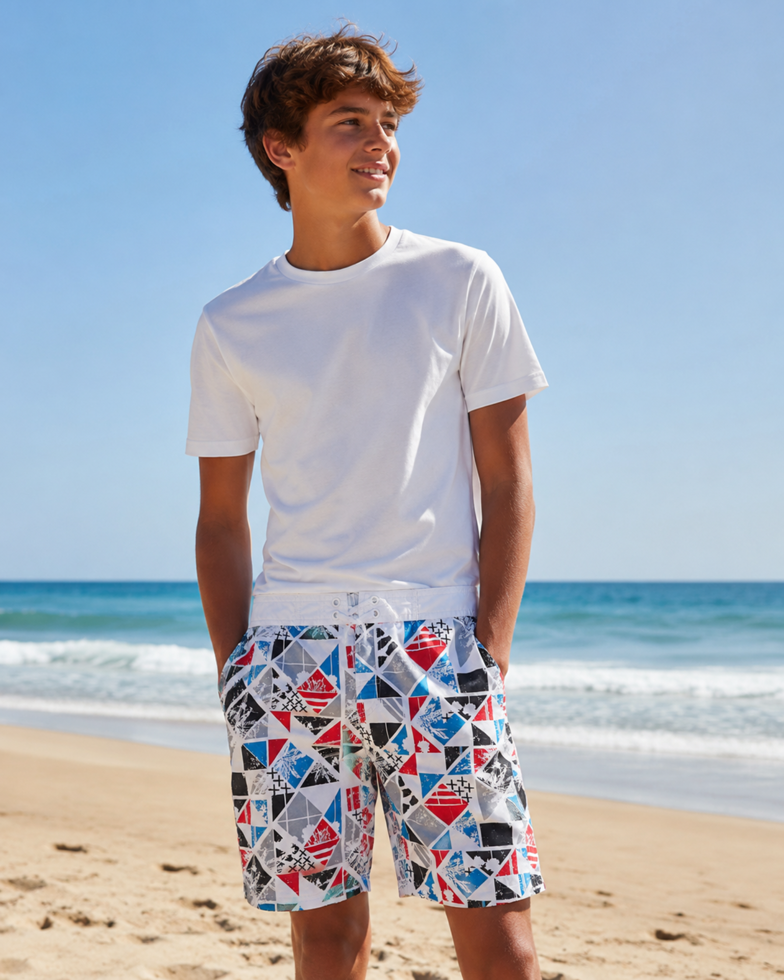 Person wearing a white t-shirt and colorful geometric shorts on a beach.