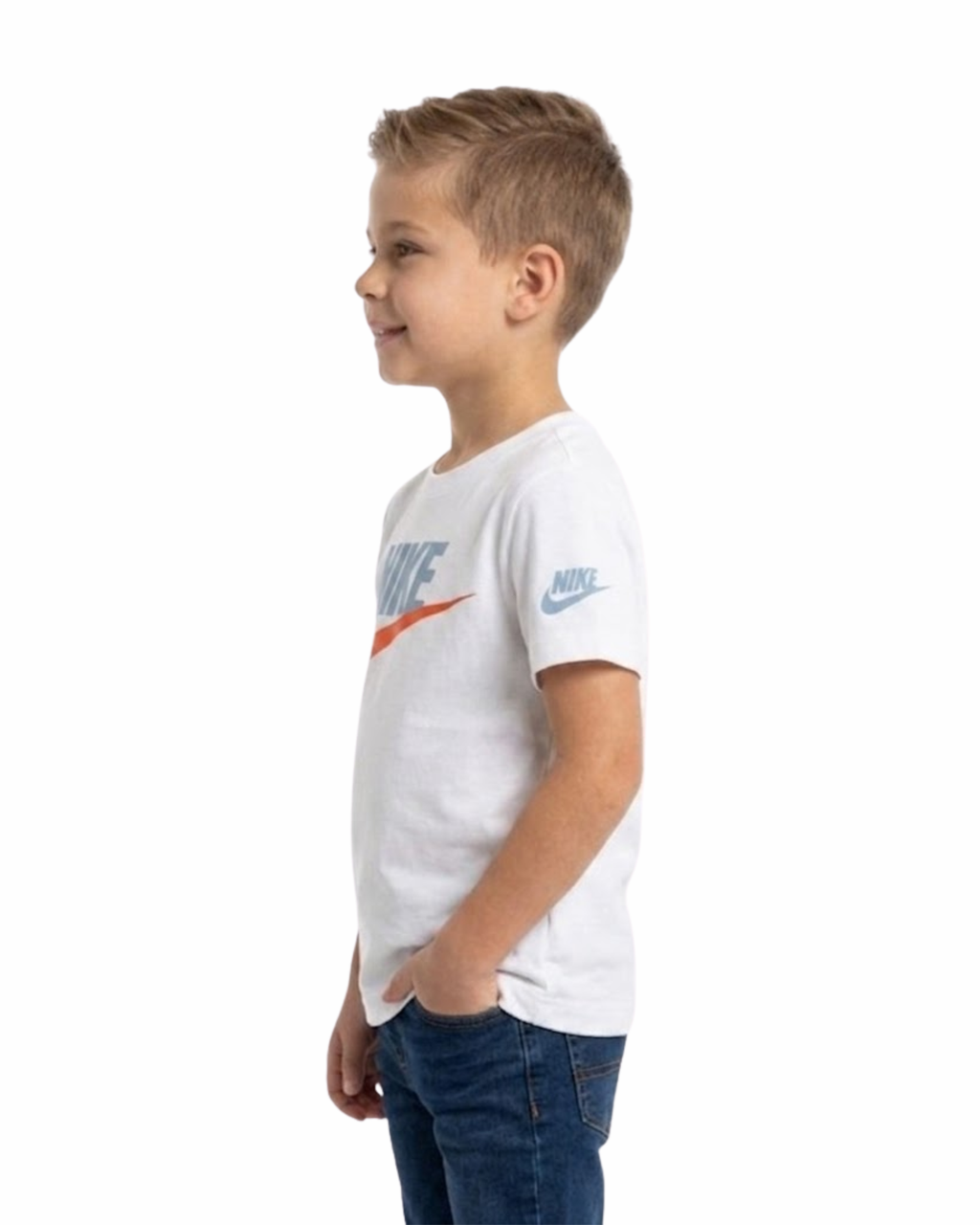 Young boy wearing a white Nike t-shirt on a white background