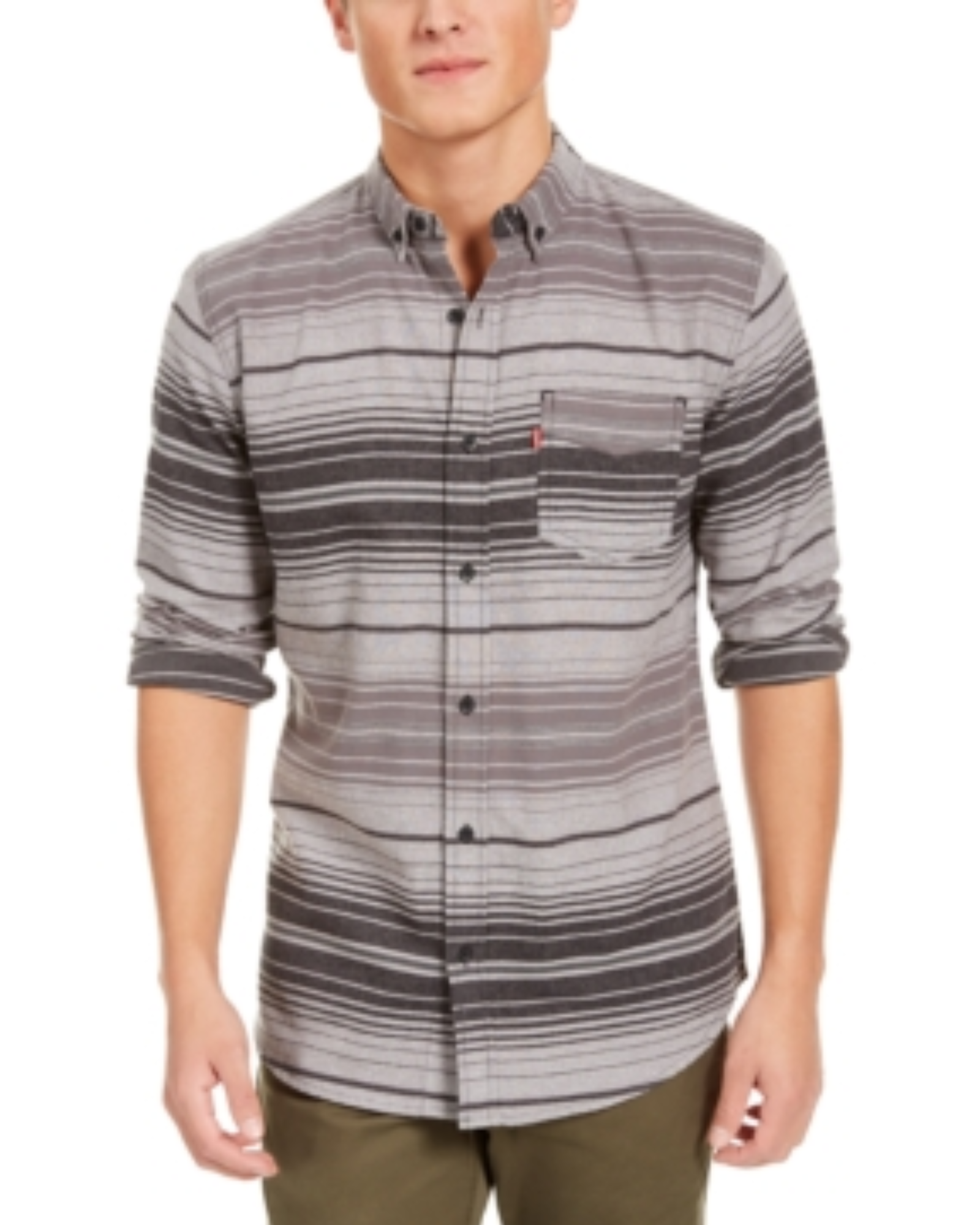 Man wearing a gray striped shirt on a white background