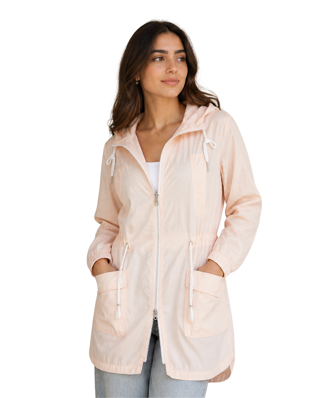women wearing lightweight rain jacket
