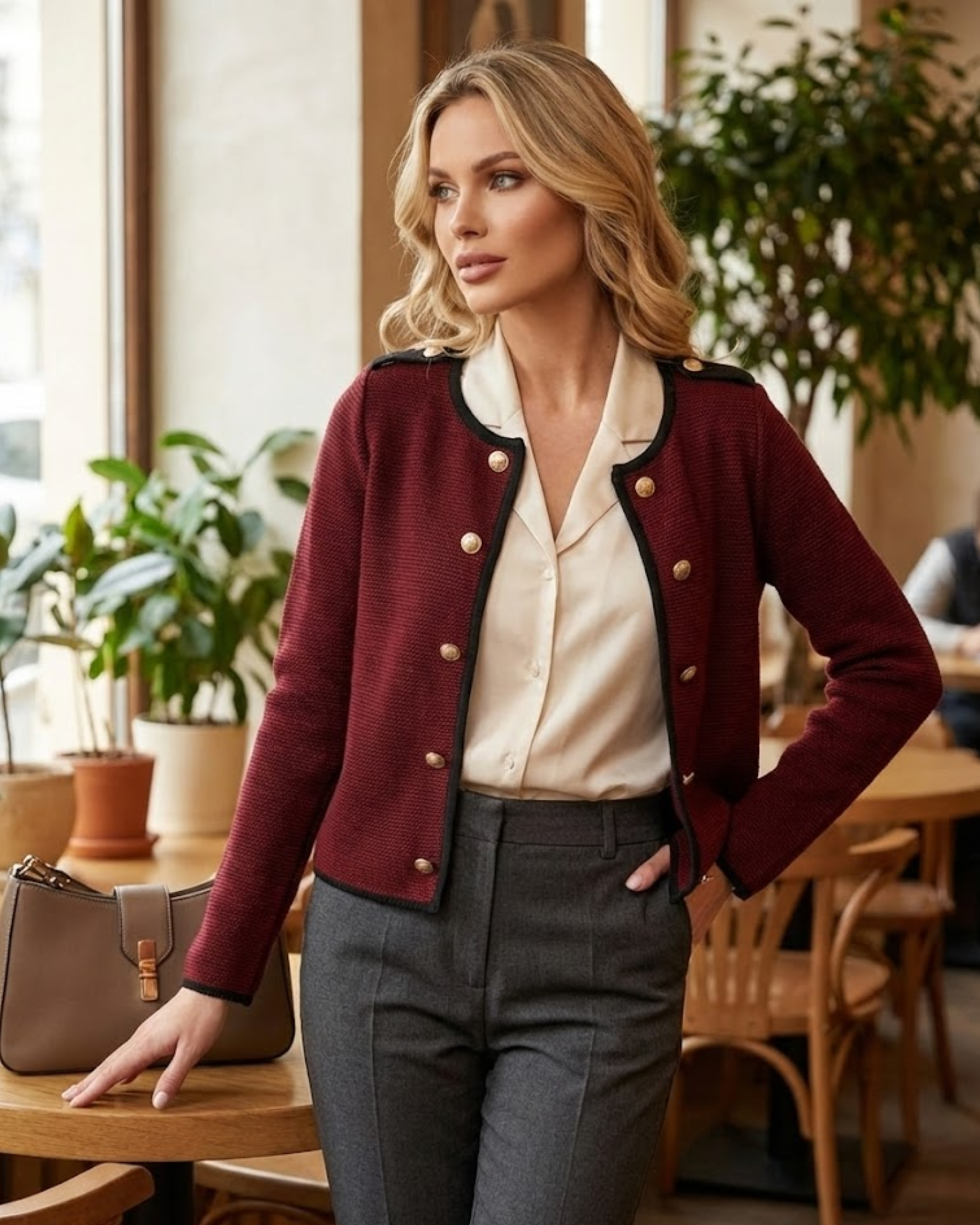 Woman wearing a burgundy blazer with gold buttons 