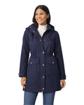 Woman wearing a navy blue raincoat on a white background
