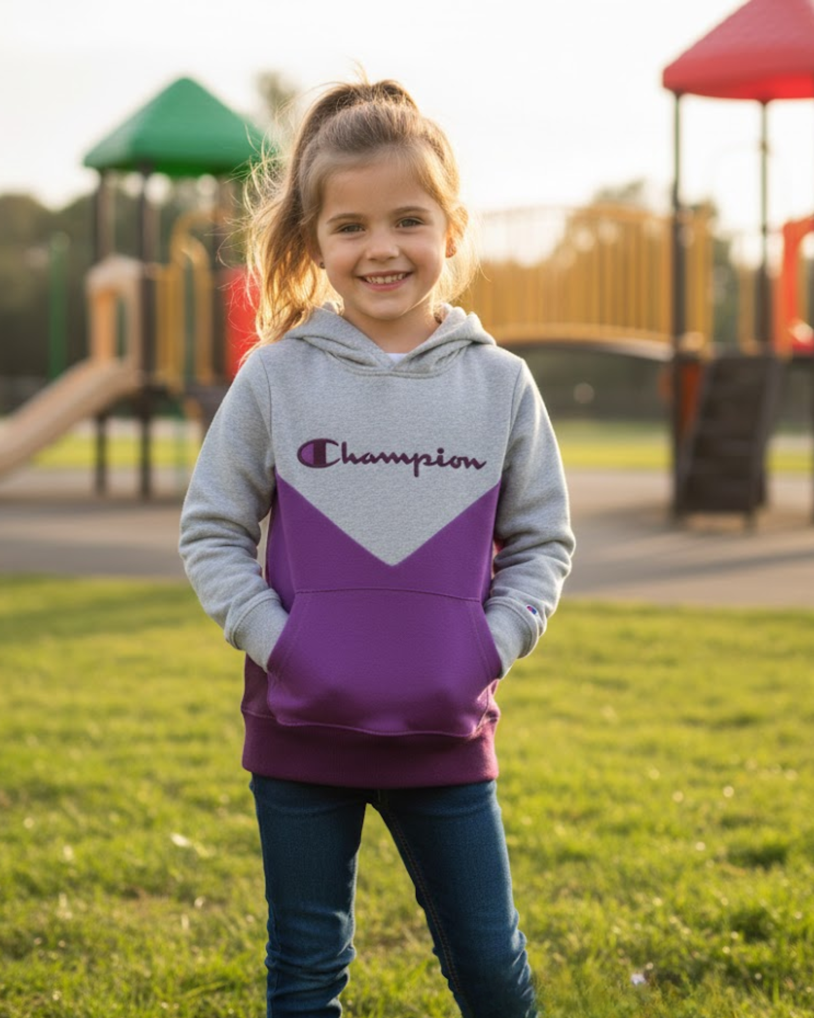 Child wearing a hoodie with 'Champion' logo in a playground setting