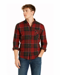 Man wearing a red and black plaid shirt on a white background