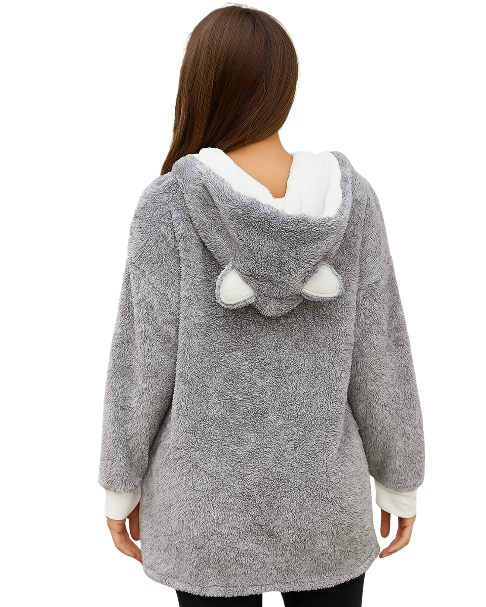 Person wearing a gray fleece onesie with a white fluffy pom-pom 