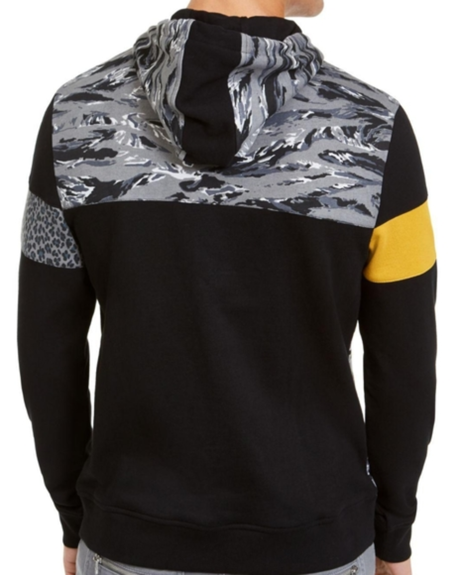 Black hoodie with camouflage pattern on hood and sleeves, yellow sleeve detail