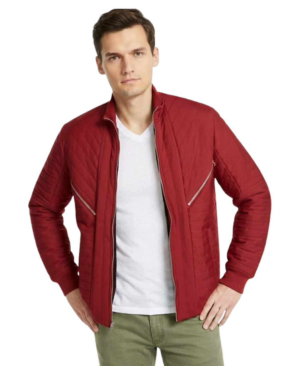 Man wearing a red jacket over a white shirt and an olive green pant