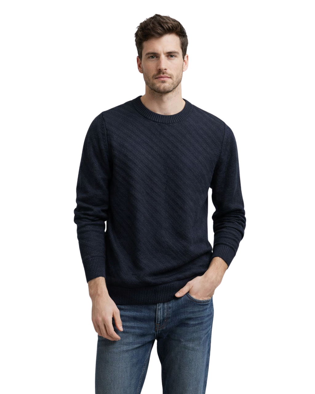 Man wearing a navy sweater and blue jeans on a white background