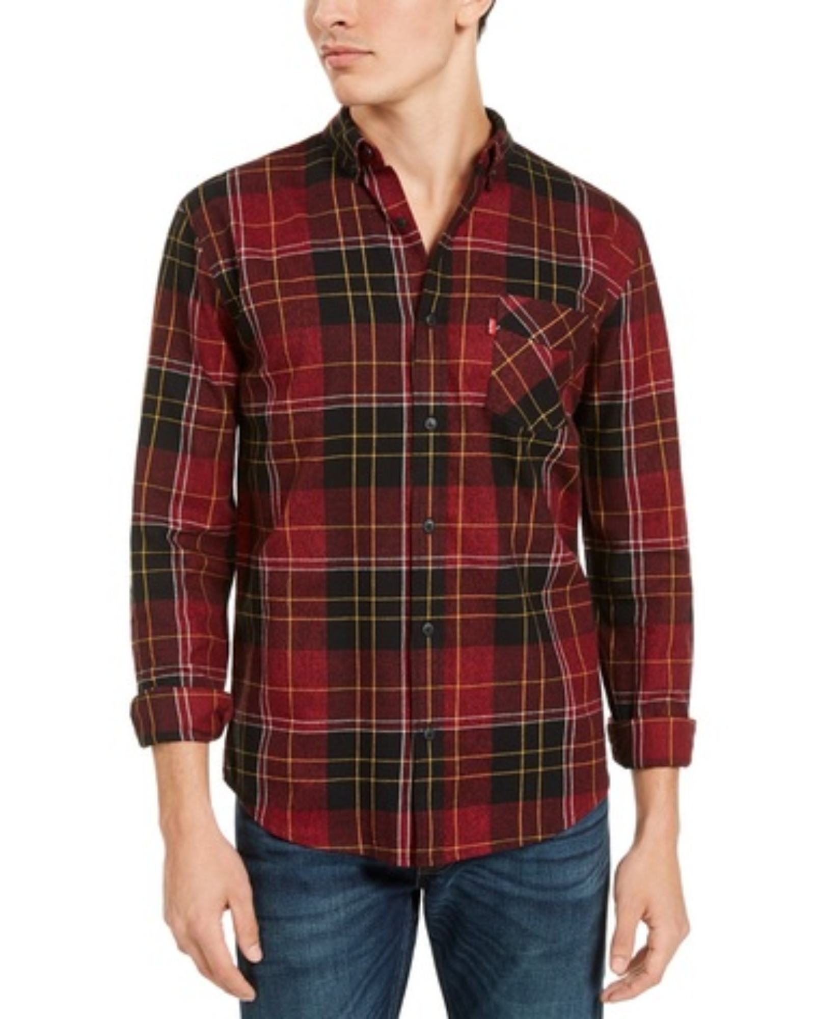 Red and black plaid shirt worn by a person on a white background