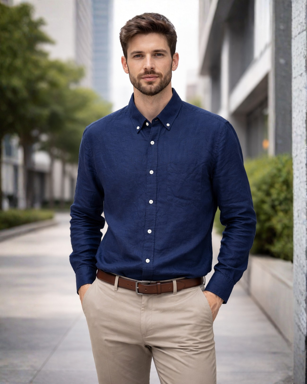 Man wearing a blue shirt and beige pants standing on a city street.