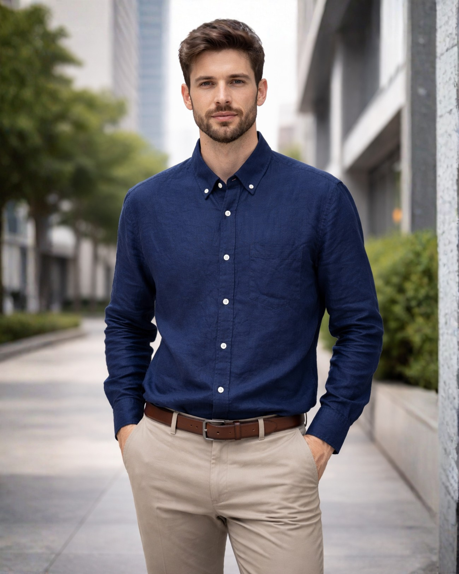 Man wearing a blue shirt and beige pants standing on a city street.
