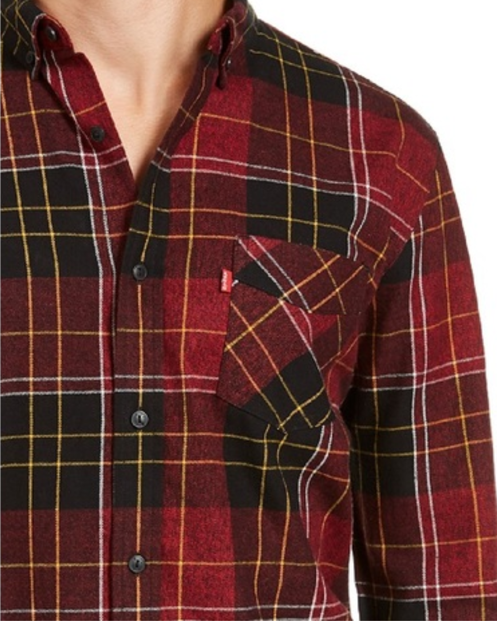 Red and black plaid shirt with a pocket detail on a white background