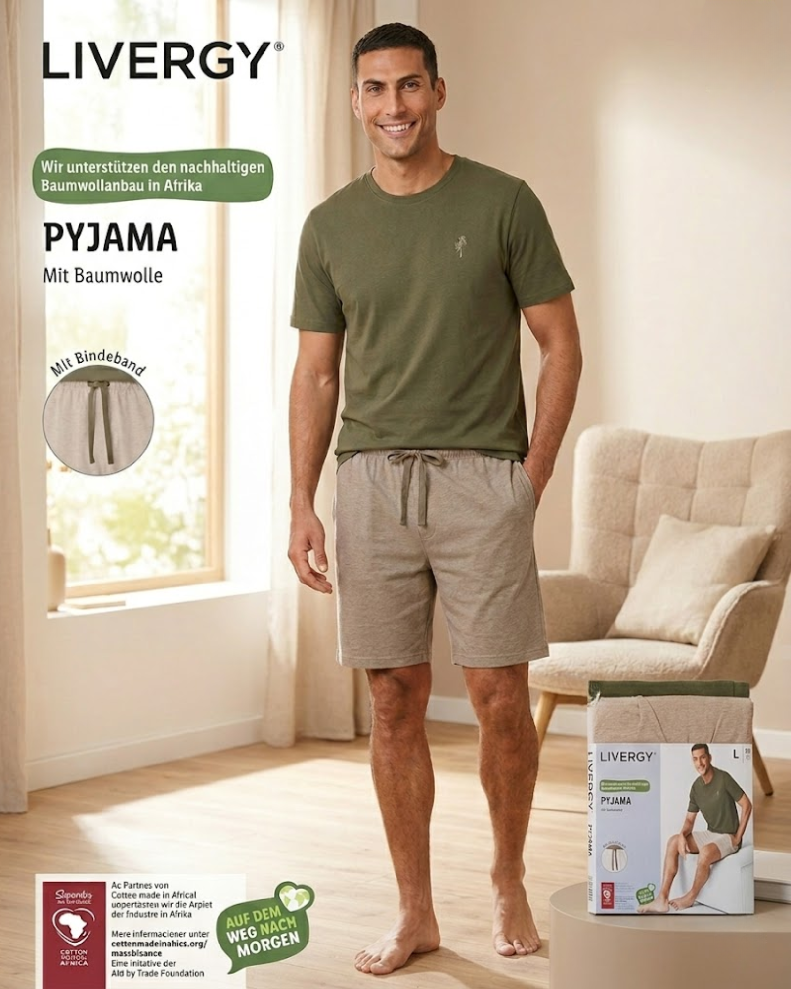 Man wearing green t-shirt and beige shorts with LIVERYG branding in a room.