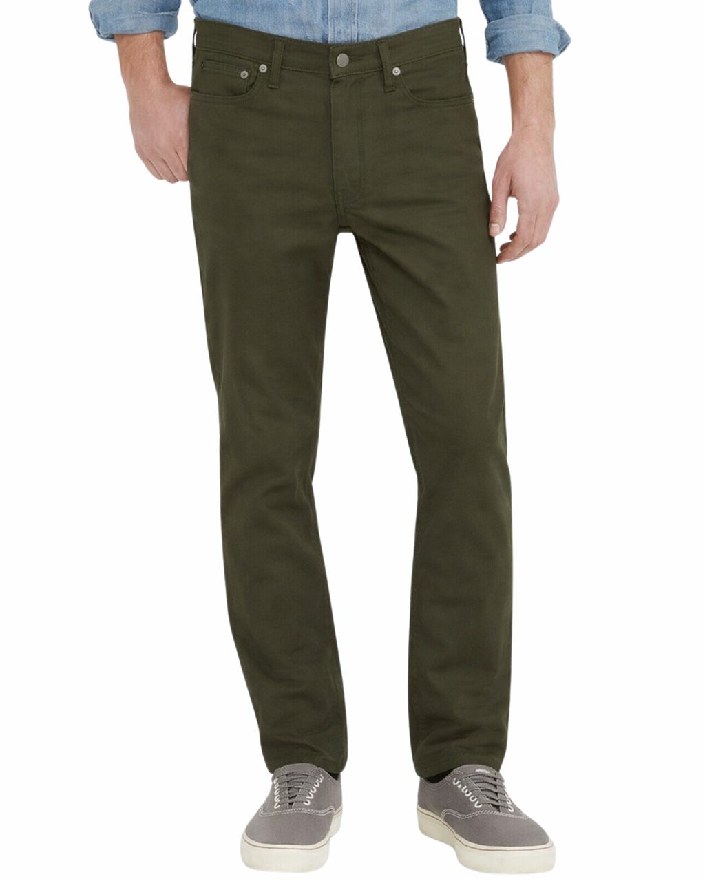 Person wearing olive green pants with a white background