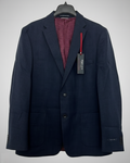 Navy blazer with a red patterned shirt underneath on a hanger against a white background
