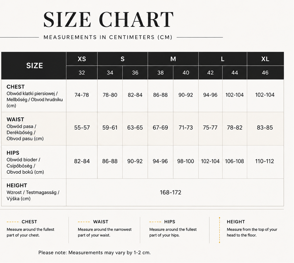 Size chart for shorts with measurements in centimeters and a visual of yellow shorts.