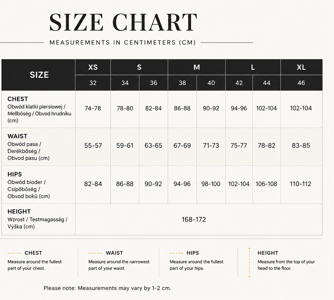 Size chart for shorts with measurements in centimeters and a visual of yellow shorts.