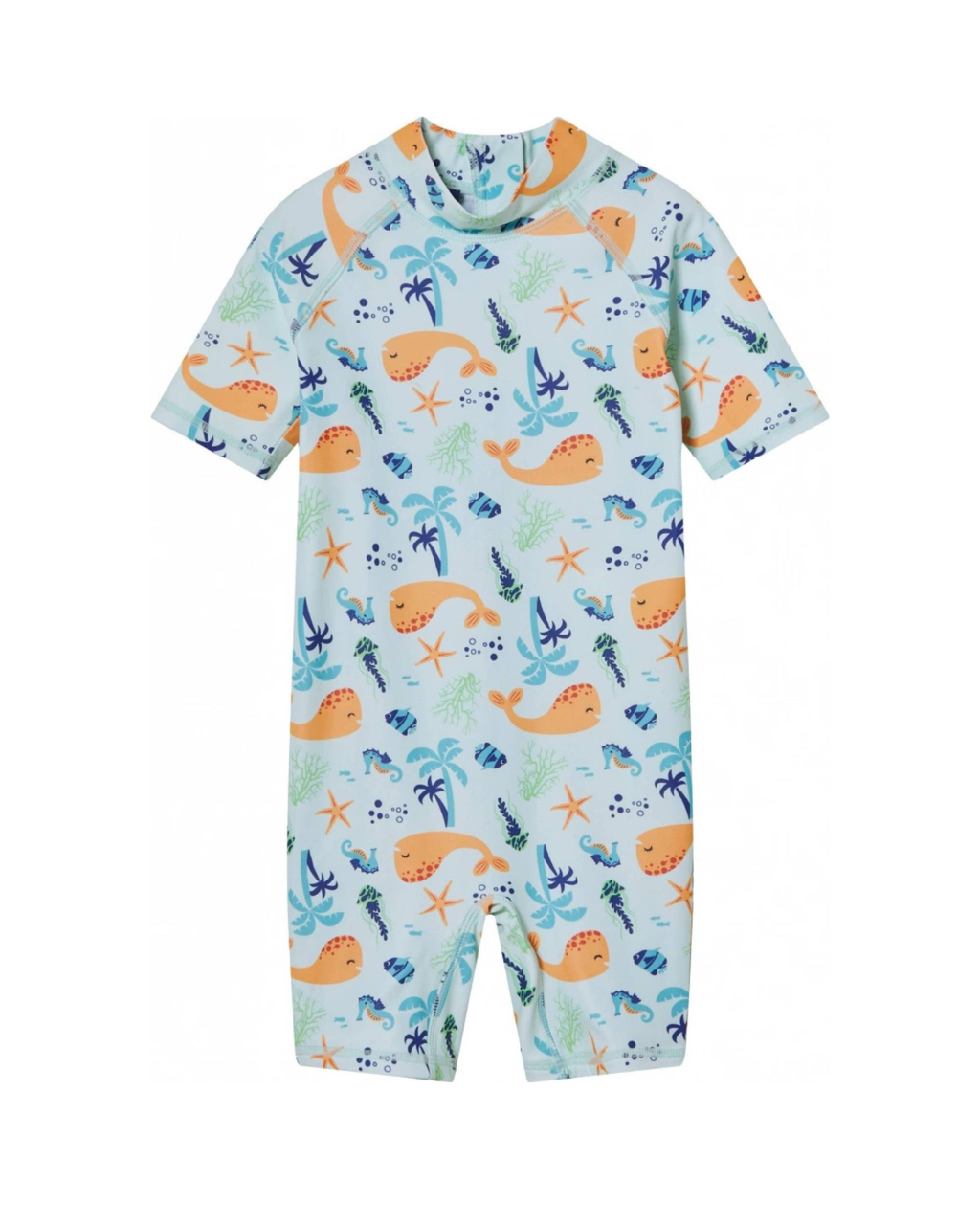 Children's swimsuit with ocean-themed print on a light blue background