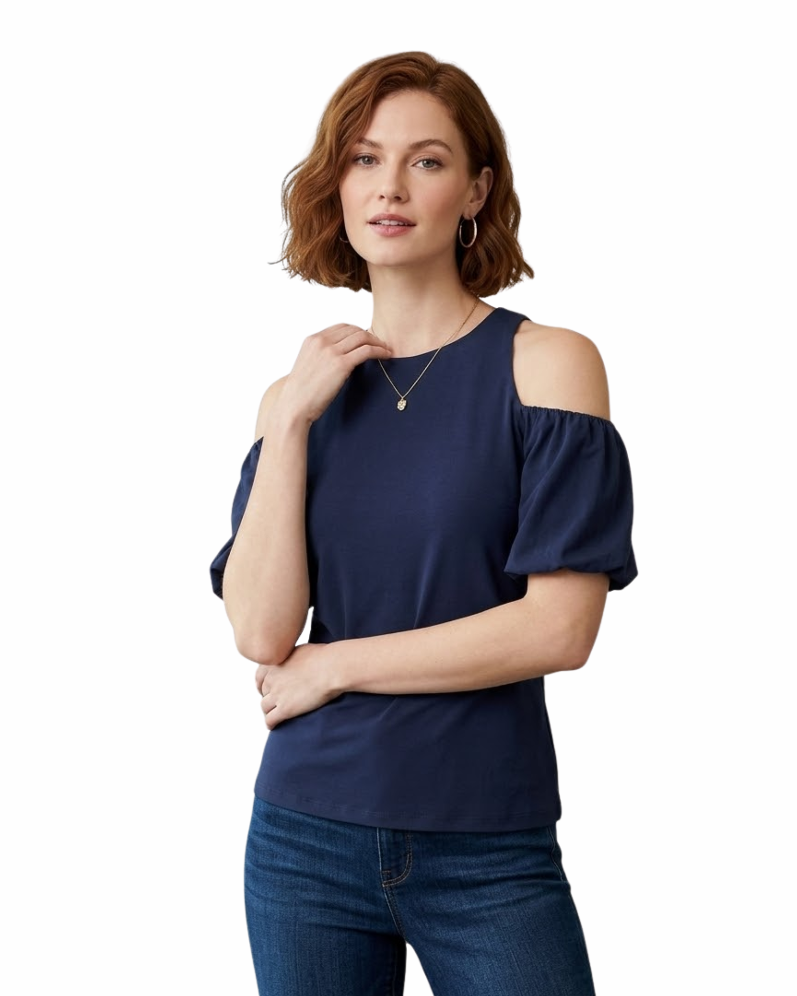 Woman wearing a navy blue off-shoulder top and jeans on a white background