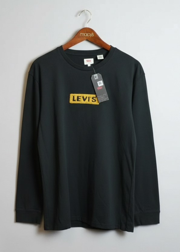 Black long-sleeve shirt with Levi's logo on a hanger against a white background