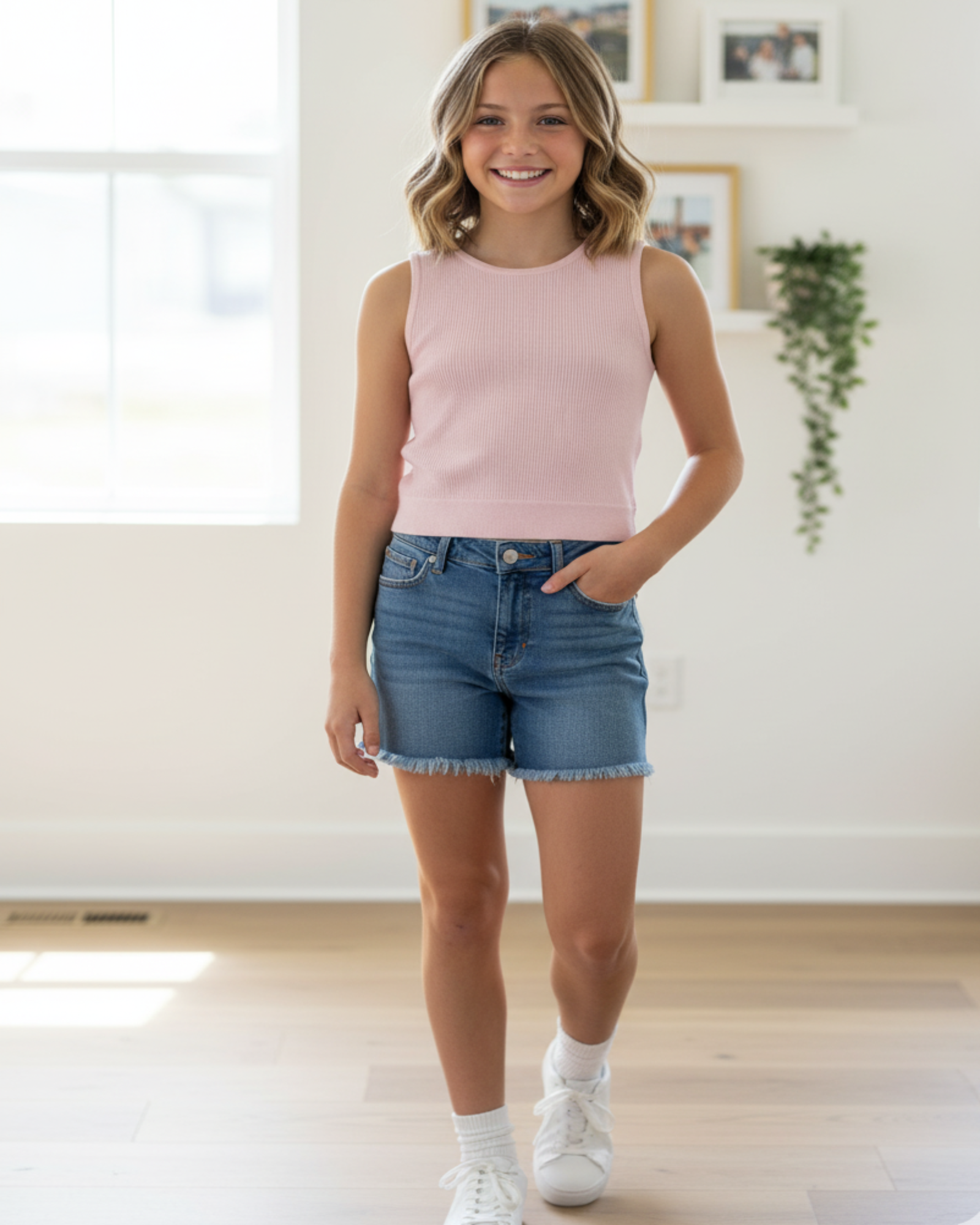 Young girl wearing a pink sleeveless top and denim shorts indoors.
